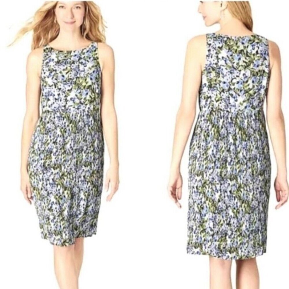 J Jill Womens Size Large Dress Tank Pleated Blue Green Floral Shift Sleeveless